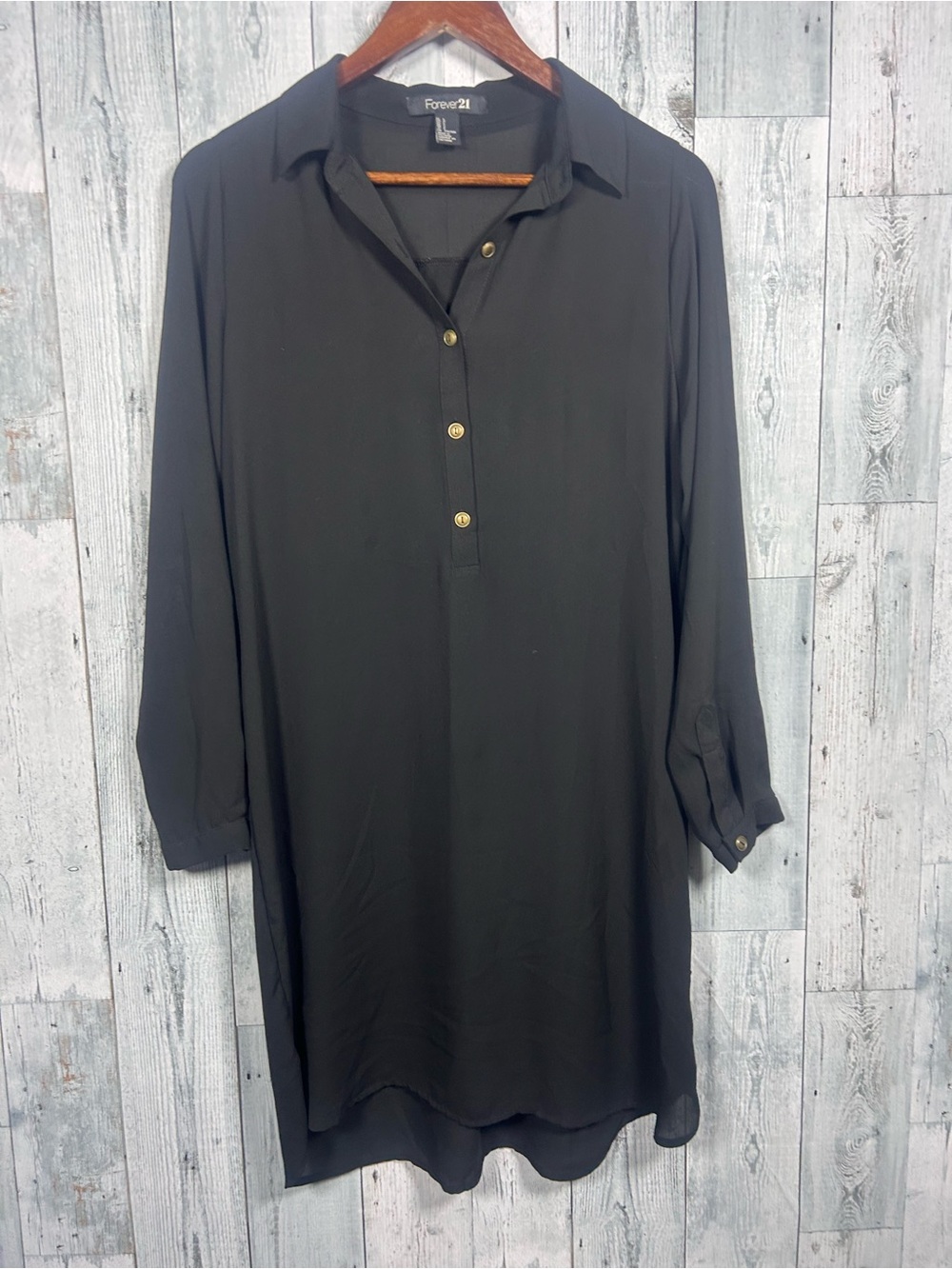 Forever 21 Black Semi Sheer Shirt Dress L Gold Button Relaxed Gothic Minimalist
